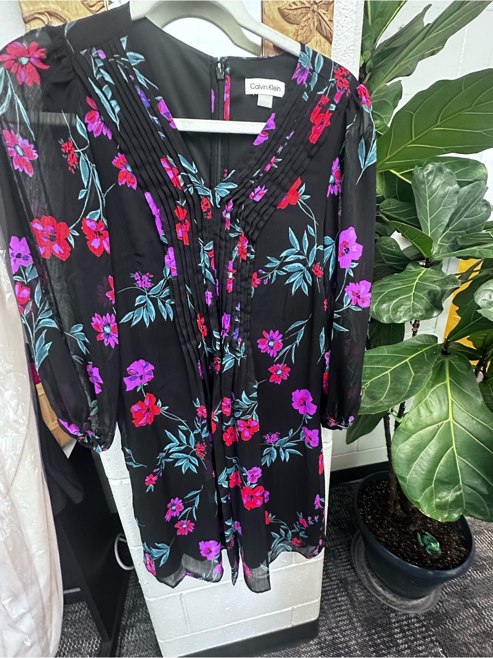 Calvin Klein Black Blouse with Pink and Red Floral Print